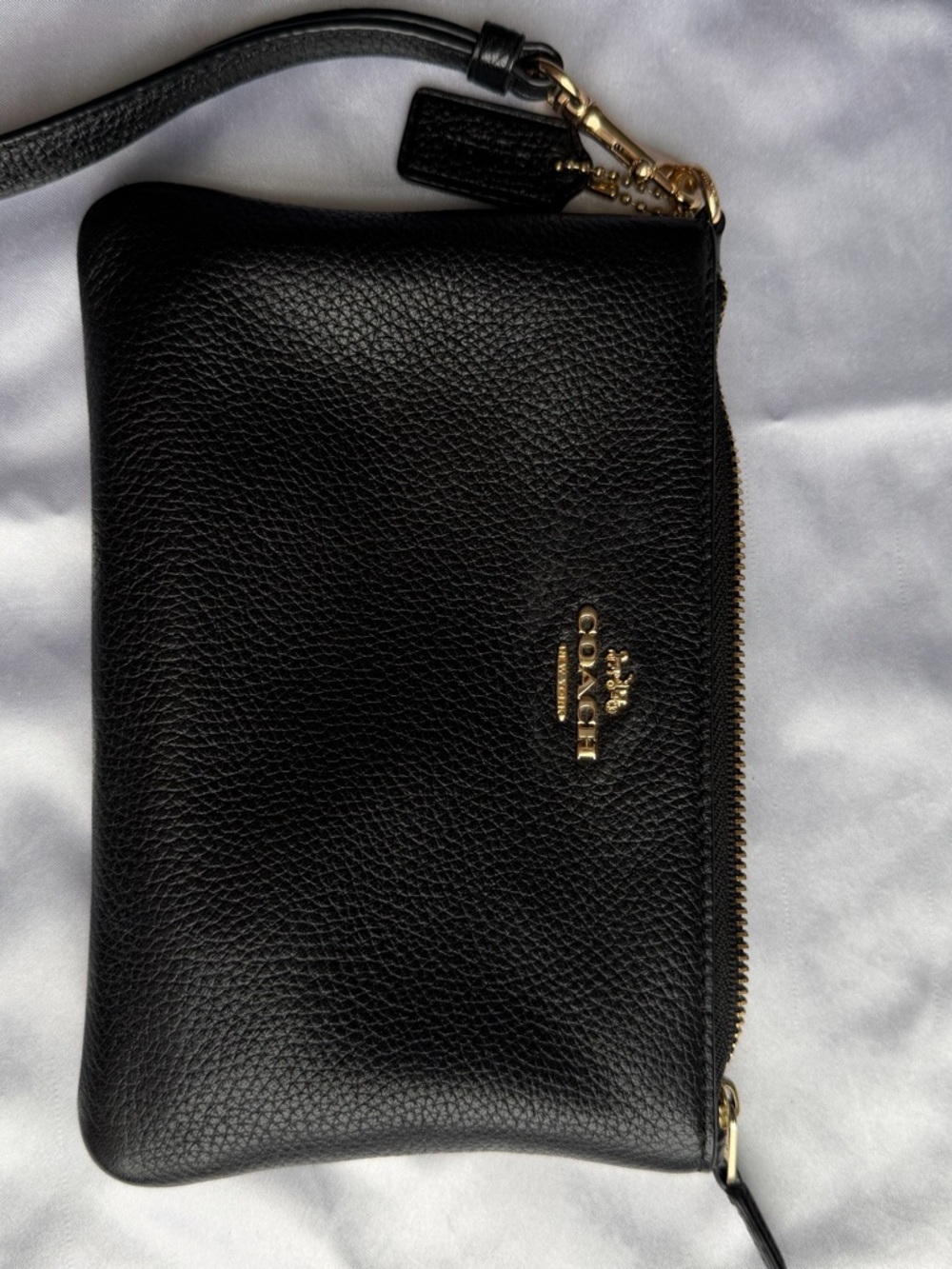 Coach Black Pebbled Leather Zip Wristlet with Gold Logo